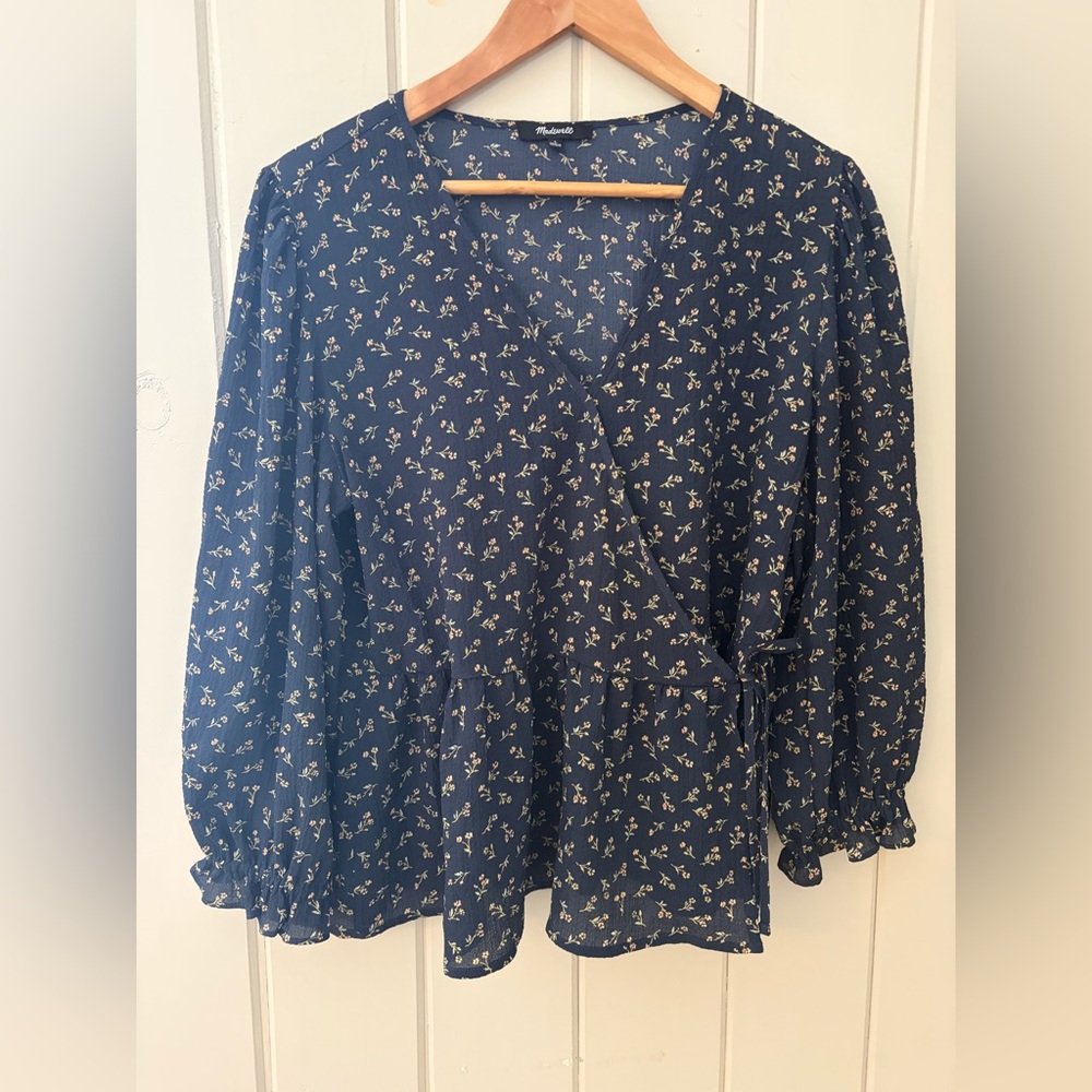 Madewell Puff-Sleeve Peplum Wrap tie Top women’s Large boho peasant ruffle navy